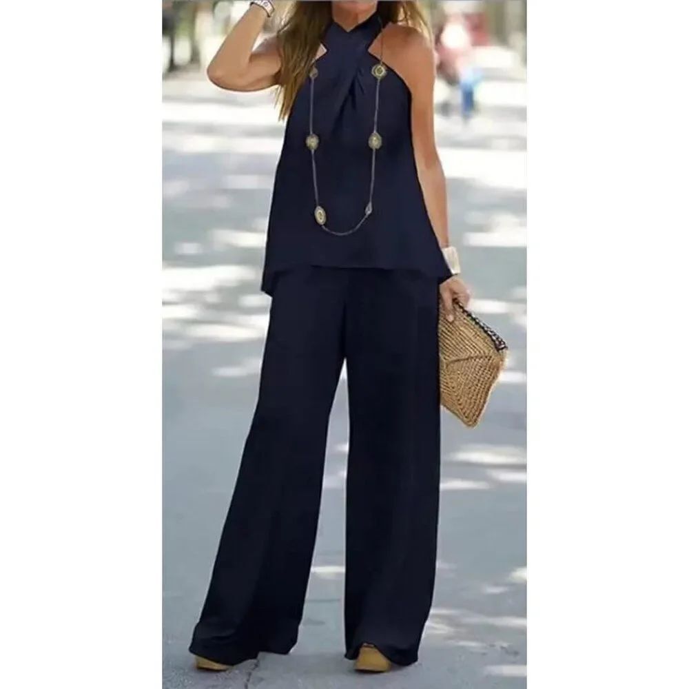 Women Navy Halter Top Wide Leg Pant Set Size M
